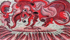 Noviadi Angkasapura: 'Untitled'  mixed media on found paper 12 x 18 ins