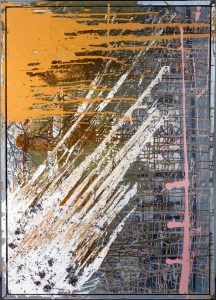 Benjamin Brown :'Red Bicycle'(Swimming with Nicholas) 2016, Found poster, Found Paint, Mud, Moss Mixed Media - 55.5 x 40 Inches