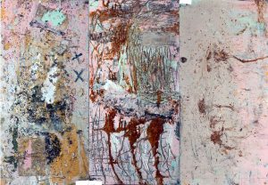 Benjamin Brown :'Athos, Porthos, Aramis' 2016, Reclaimed wood, Found paint & mixed media (Mud, Glass, Grass) -  17.5 x 52.5 Inches