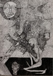 Nick Blinko - 'Dwarf on a Cross'  c.1985  ink on card  11.75 x 8.25 ins - Exhibited Pallant House Museum 2011 'Visions of Pope Adrian 37th'