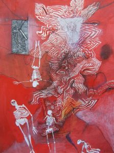 ick Blinko - 'Skeletons on red ground', 11.75 x 8 ins, ink on paper