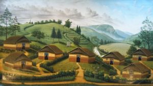 Wonshondro Buam :'Huts' - 2005, oil on canvas, 40 x 65 ins