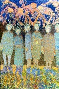 Rosemary Carson :'Patients with their Fears waiting to see the doctors' - Oil on board, 36 x 24 ins