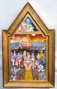 Joe Coleman :'Crash kid did it for Osama' - 2002, acrylic on board, 18 x 12 ins. Collection: Henry Boxer