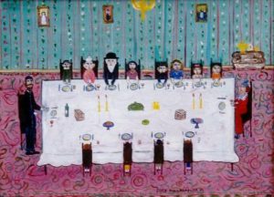 Dora Holzhandler :'Passover meal' - c.2000, oil on boad, 10 x 16 ins
