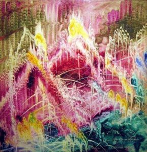 Eugene Von Bruenchenhein :'The Filament of Ages' 1959, oil on masonite panel, 24 x 24 ins