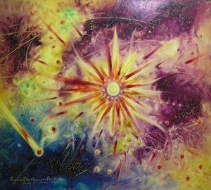 Eugene Von Bruenchenhein :'Untitled' dated July 5th, 1961.  Oil on masonite, 24 x 24 ins