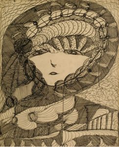 Madge Gill -  'Unititled' c.1940  ink on postcard - outsider art