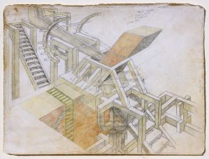 William A. Hall  'Invention series' (Pyramid construction) pencil & crayon  11 x 14 ins ... Reproduced:  'The Visionary Art of William A Hall', Colin Rhodes, published 2016