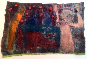 Monika Maurer-Morgenstern : 'Silvester in Leipzig'  2010  mixed media on found paper  8.5 x 13 ins