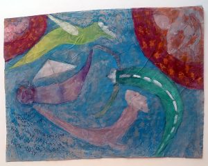 Monika Maurer-Morgenstern :'Odysseus bei Scyila und Charybdis'  2014  mixed media  9 x 12 ins