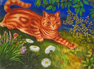 Louis Wain :'In the Garden' c.1932  watercolour  10 x 14 ins