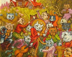 Louis Wain :'Orchestra'  c.1933   gouache & watercolour   10 x 14 ins - An important late work by the artist, exhibited at the York City Art Gallery retrospective