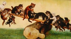 Louis Wain : 'See-Saw' c.1890 oil on canvas 47 x 19 ins
