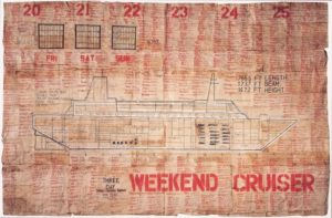 George Widener: 'Weekend Cruiser' - 2005, (illustrated random weekends in a 500 yr period) - 36 x 56 ins, pen & ink on found paper napkins. Courtesy: Collection de l'Art Brut, Lausanne'