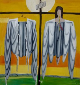 Bryan Charnley - 'Angela and Straight Jacket' 38 x 40 ins. Oil on Canvas, c.1990. 