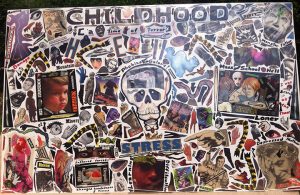 Richard Saholt, untitled (“Childhood Living Hell, A Time of Terror”), plastic-coverd collage on cardboard, 44 x 28 inches, c. 1975-2000