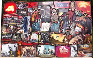 Richard Saholt, untitled (“I am become Death. The shatterer of worlds. Death, Terror”), collage on cardboard, 44 x 28 inches, c. 1975-2000