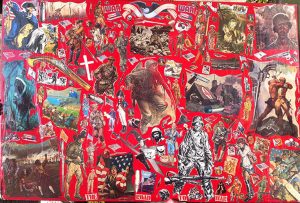 Richard Saholt, “The Road to War,” collage on cardboard, 44 x 28 inches