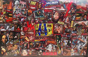 Richard Saholt, untitled (“Hell, The Mad Psychos”), plastic shrink-wrapped collage on cardboard, 44 x 28 inch work mounted on 46 x 30 inch cardboard, c. 1975-2000