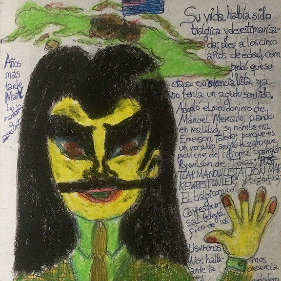 - Notebook of 40 pages covered on both sides with text and images. Ball point pen, colored pencil and oil pastel on paper. 18 cm x 25 cm. 2019