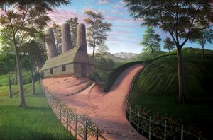 Wonshondro Buam  'The Hand'  2021  acrylic on canvas  4 x 6 ft.  It depicts man's trust in the Almighty's protection and guidance. The three fingers depict the rugged and tall ancient Khasi monoliths to represent protection in the palm of the Almighty's hand in the midst of vulnerability and the thumb to depict His guidance to the path leading to the unknown and the unforeseen.