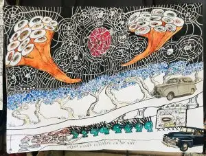 “Every Good Boy Does Fine” Pen and ink, collage, enamel paint, Tea, water color, colored pencil and letter stamp. 23.25” w 16.6” h