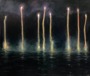 Paul Benney Auto da Fe. oil on panel . 412 cm x157cm