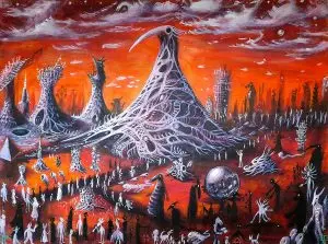 Drood Fenrother - Gathering at the Ancient Tower of Nekhbet  (Acrylic on canvas 18" - 24")