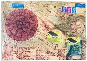 George Lowe: “They Will Come As Ice Cream Sandwiches” 12.5” x 8.75” Drawing in colored pencil, pen and ink and collage on envelope.