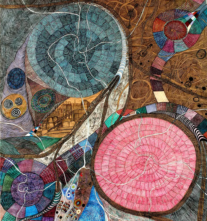 George Lowe: "Enigma" appx 3' x 4' mixed media on found paper