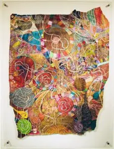 George Lowe:   “Lunch on Stagg Field”   3 x 5 ft   Collage, colored pencil, pen and ink, watercolor & white grease pencil on brown wrapping paper