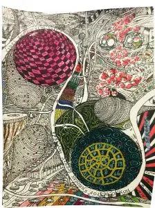 George Lowe: “Looking Forward to Looking Back” 2-24 11.5” x 16” Pen and ink, enamel pen, colored pencil, watercolor and letter stamps