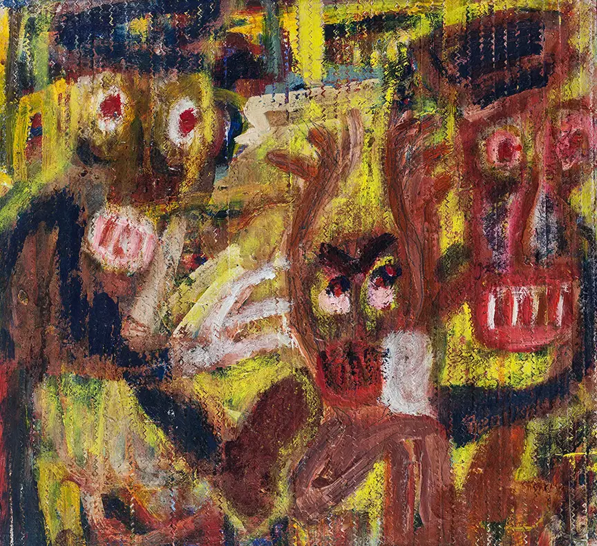 Justine Roland Cal - "The arms fair", 1995. Acrylic on kenzo cutting boards, Framed 53x 53cm