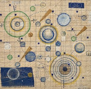 untitled #10, acrylic and collage on vintage sewing paper, 54 x 54 cm, 2025