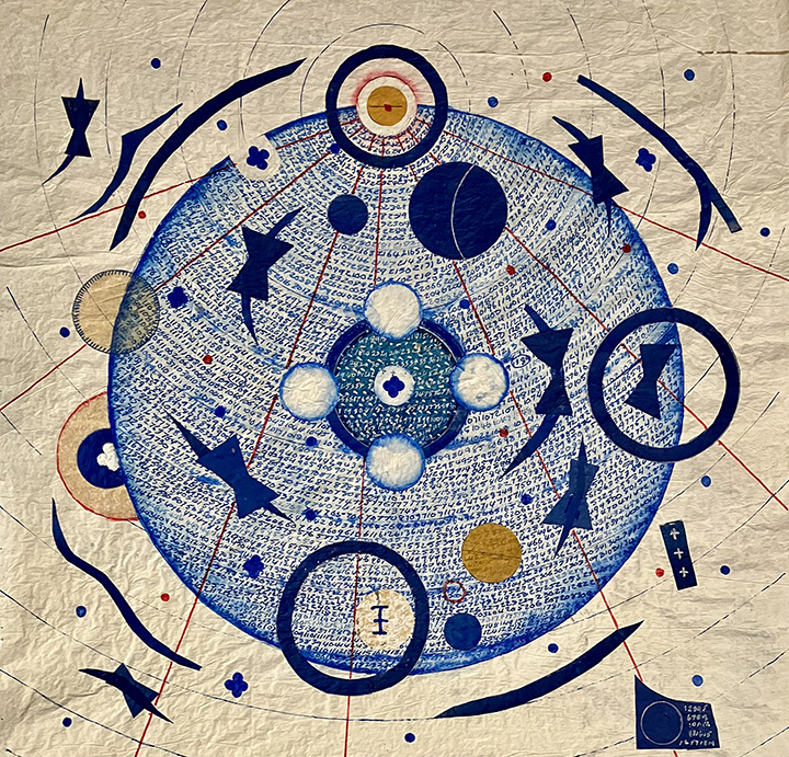 untitled #1, acrylic and collage on vintage sewing paper, 54 x 54 cm, 2026