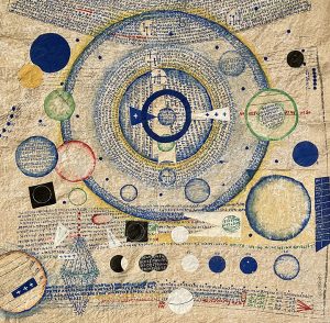 untitled #3, acrylic and collage on vintage sewing paper, 54 x 54 cm, 2026
