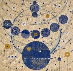 untitled #4, acrylic and collage on vintage sewing paper, 54 x 54 cm, 2026