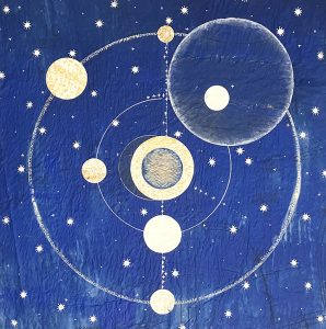 untitled #5, acrylic and collage on vintage sewing paper, 54 x 54 cm, 2026