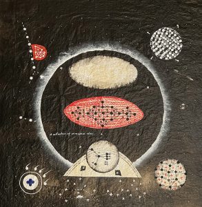 “A collection of unresolved ideas”, acrylic and collage on vintage sewing paper, 54 x 54 cm, 2026