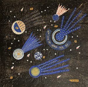 untitled #7, acrylic and collage on vintage sewing paper, 54 x 54 cm, 2026