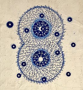 untitled #9, acrylic and collage on vintage sewing paper, 54 x 54 cm, 2025